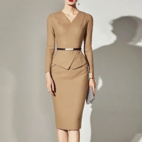 beige office dress Ladies Office Dress Beige S / Pink / Stretchy main image 1